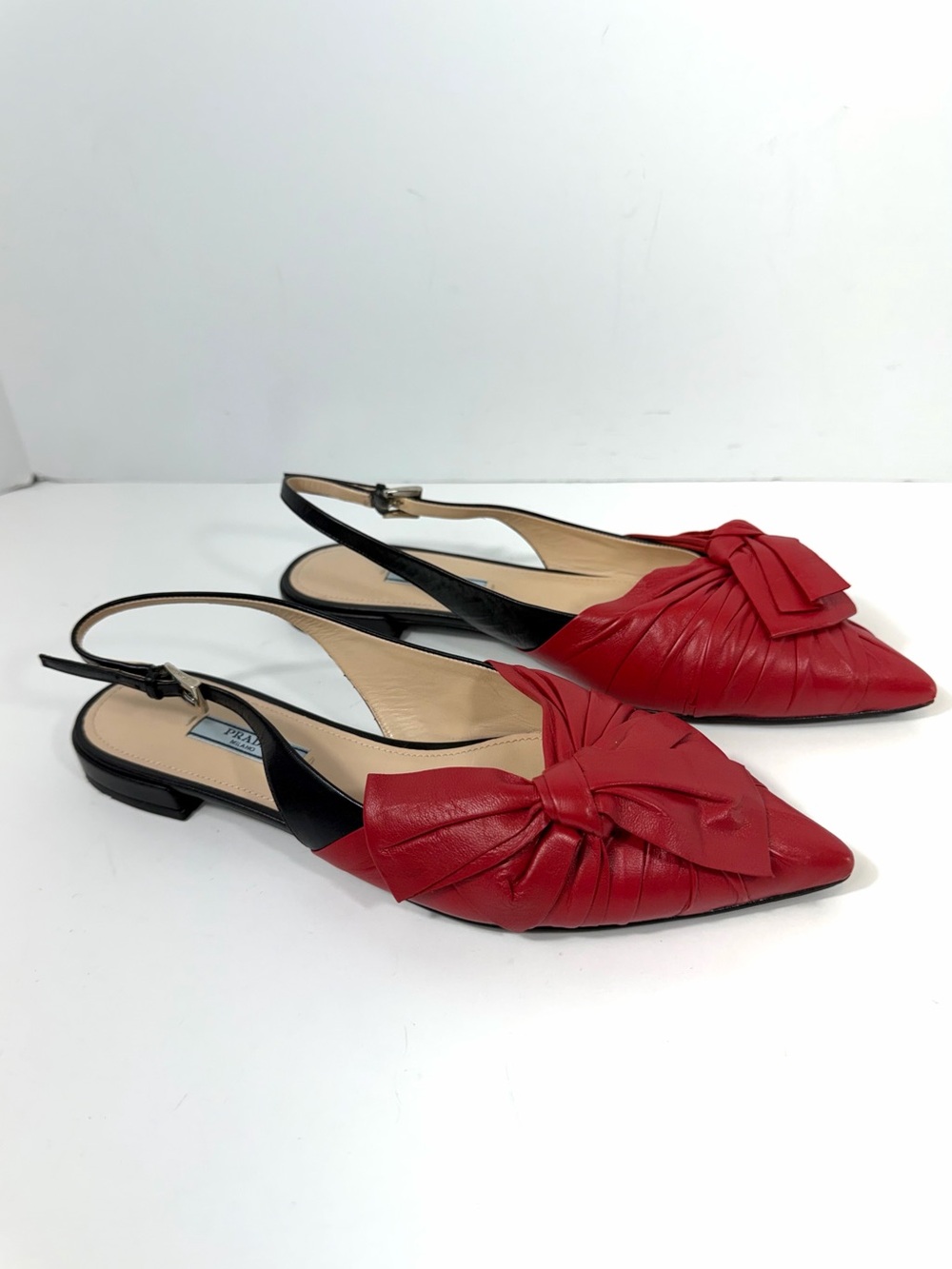 Prada Red Leather Bow Slingback Pointed Toe Flats EU 38 Made in Italy
